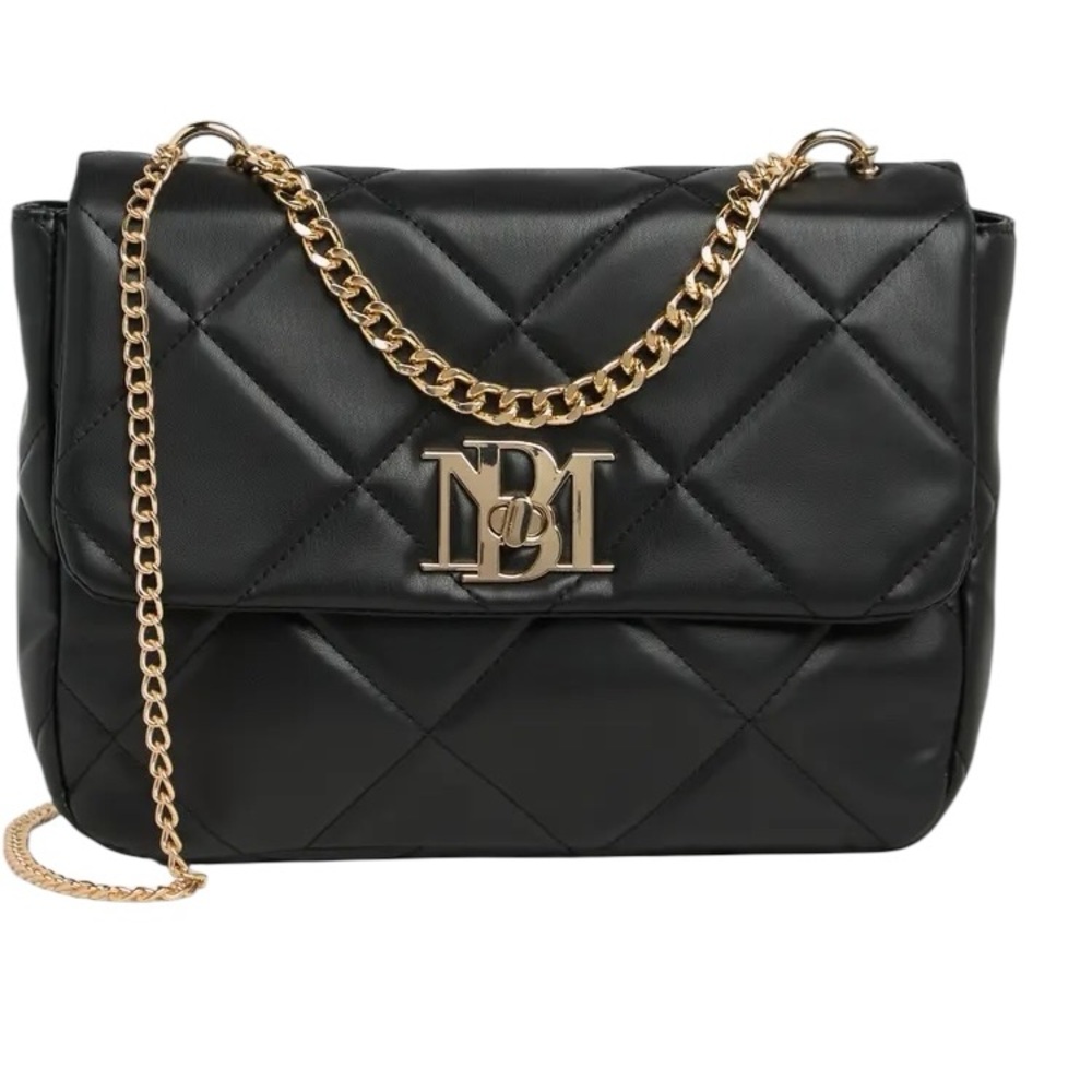 Badgley Mischka Black Quilted Big Diamond Quilt Crossbody Bag with Gold Accents